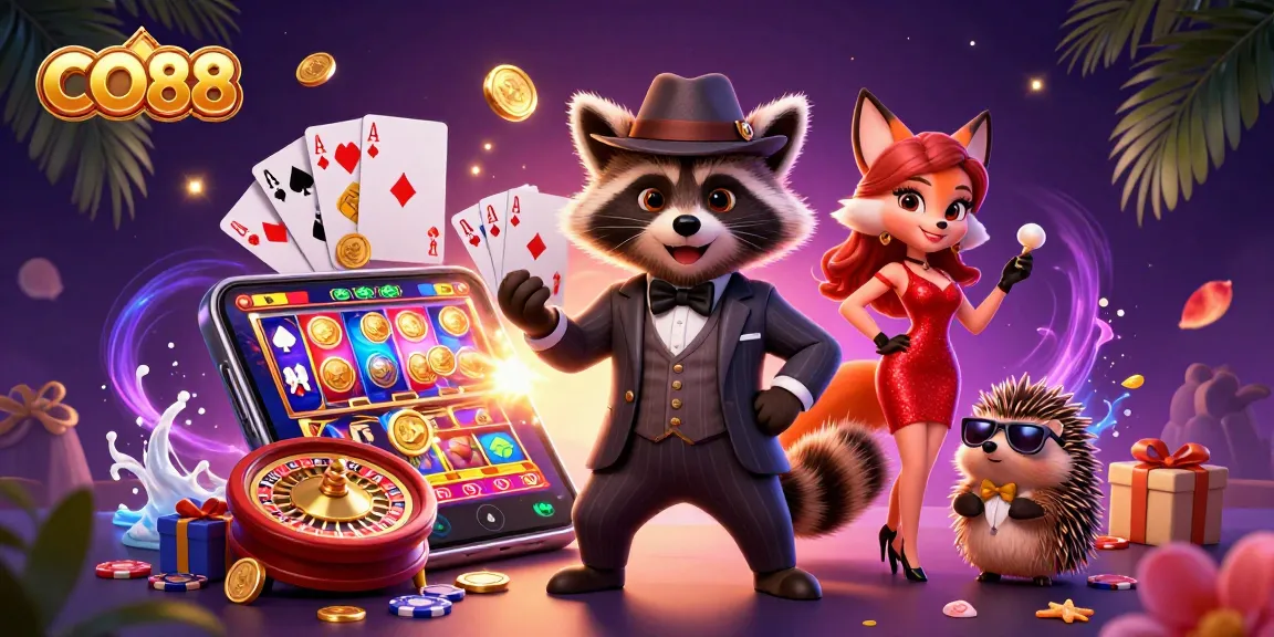 CO88 players celebrate as a suave raccoon wins with a royal flush in an action-packed casino scene.