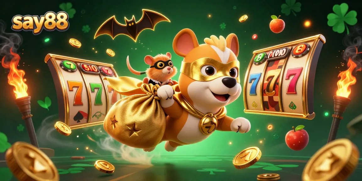 Engage with say88's thrilling casino experience, featuring characters and vibrant slot game elements in a dynamic scene.