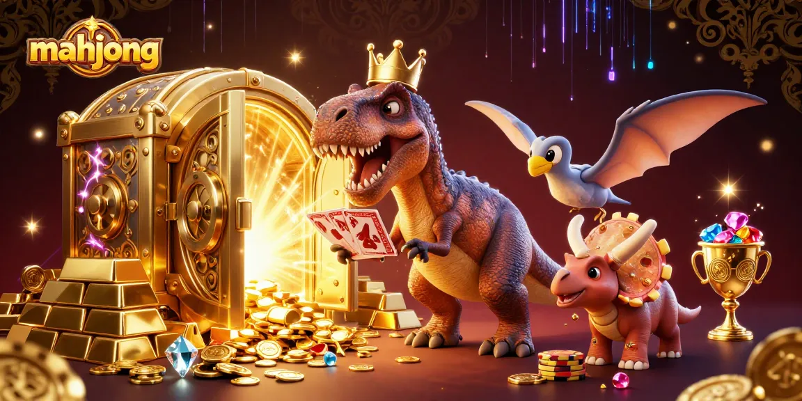Experience thrilling mahjong slots with a T-Rex shuffling cards and treasure galore!