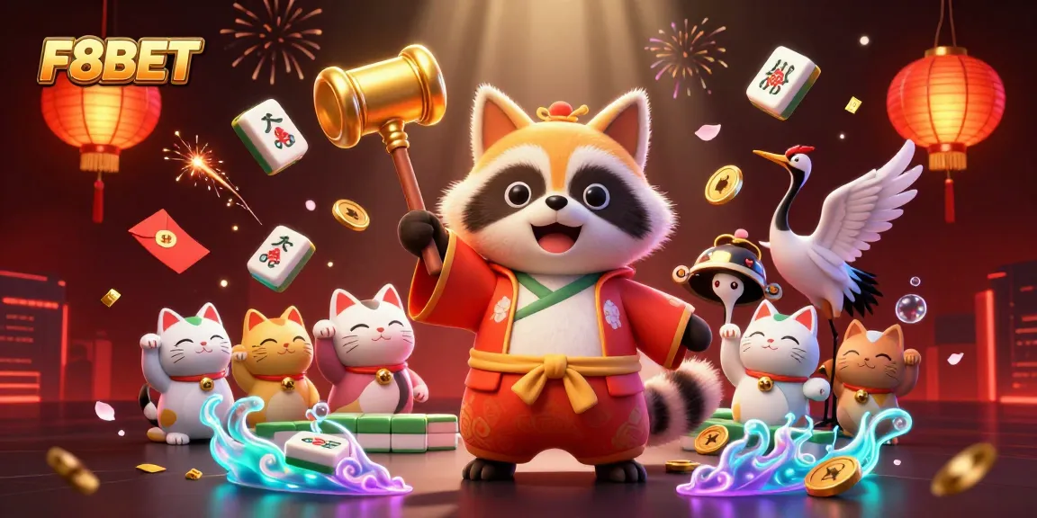 Experience the excitement of F8BET with playful characters and vibrant casino elements in an engaging 3D scene.