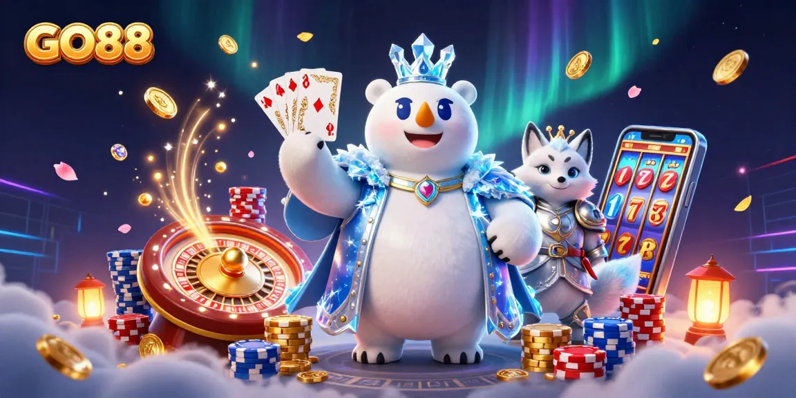 Experience the excitement of GO88 with a dynamic polar bear and snow fox surrounded by casino elements.