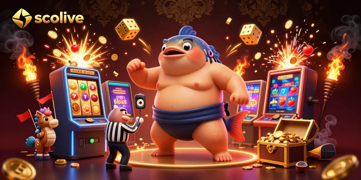 Socolive presents a dynamic underwater scene with a massive fugu sumo wrestler amidst a jackpot explosion, showcasing an engaging online casino setting.