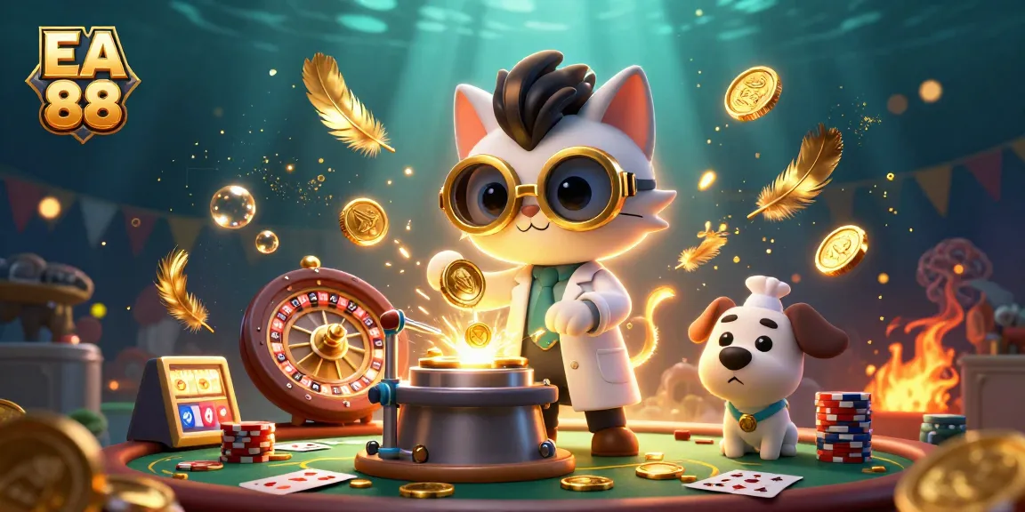 Experience EA 88 with a mad scientist cat and dog in a dynamic casino scene filled with excitement.