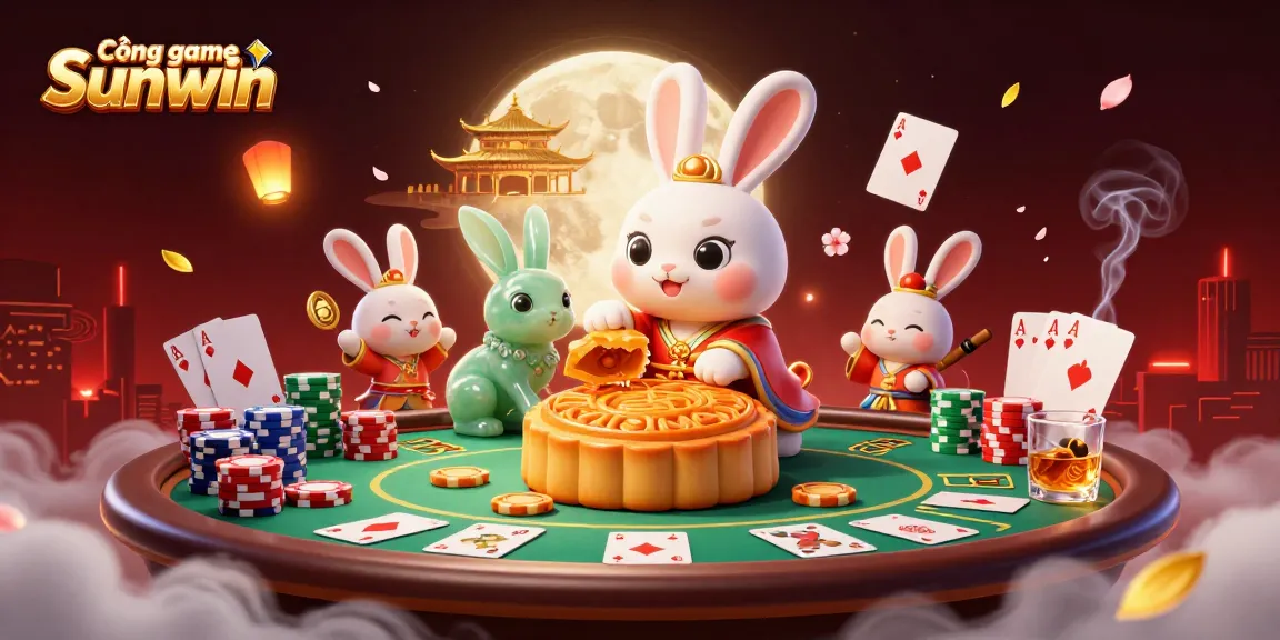 Cổng game Sunwin features a playful moon rabbit cracking mooncakes revealing poker chips in a vibrant casino scene.