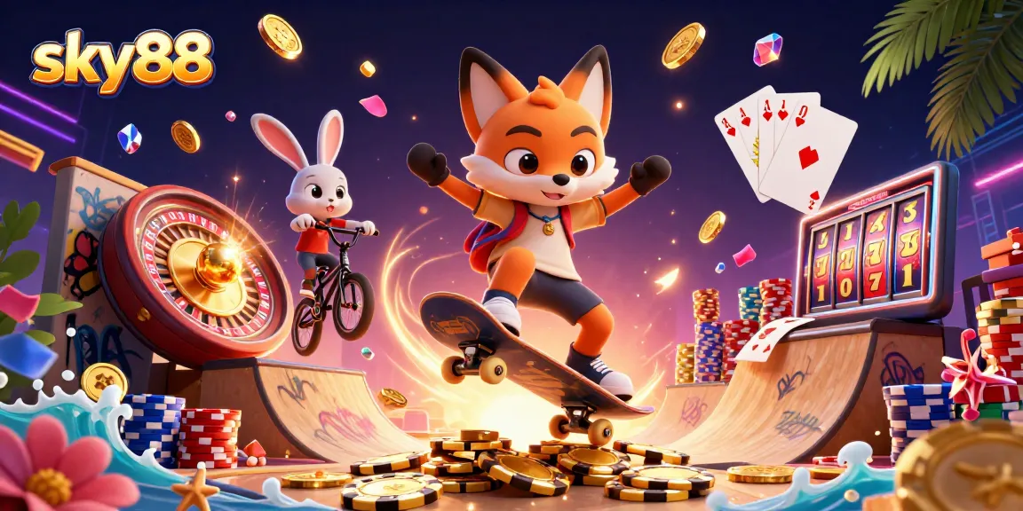 Experience thrilling gameplay with sky88’s dynamic 3D digital casino illustration featuring action-packed characters and vibrant elements.