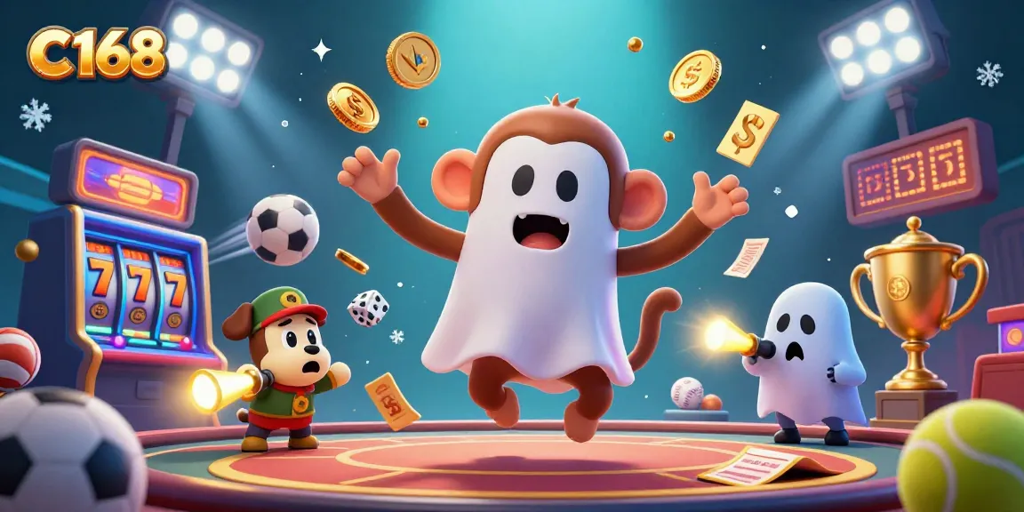 C168 engages players in thrilling gaming experiences with a playful poltergeist monkey juggling golden casino tokens in a vibrant scene.
