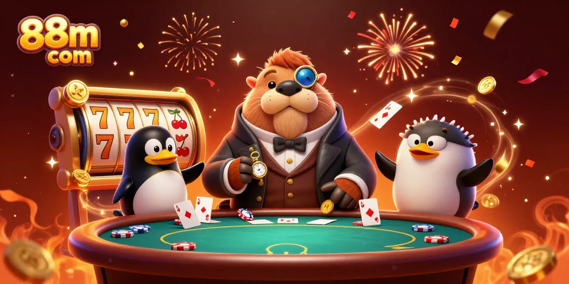 Experience exciting gameplay at 88m com with a jolly walrus and penguin in a vibrant casino scene.