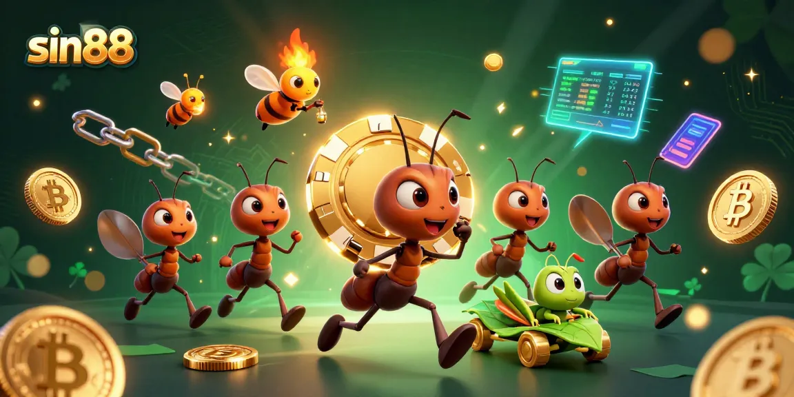 sin88 showcases a 3D ant heist with golden poker chip, cryptocurrency elements everywhere.