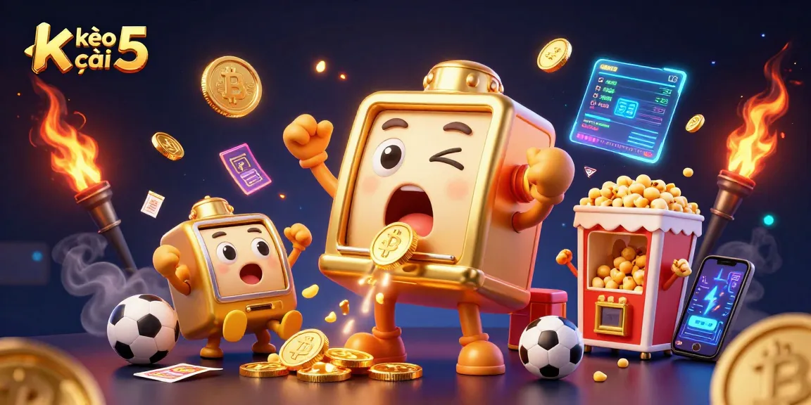 Engaging scene of a golden slot machine hitting a jackpot, emphasizing kèo nhà cái 5 and sports betting excitement.