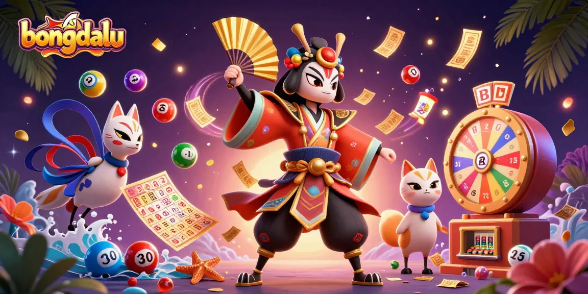 Engage with bongdalu as a lively illustration featuring a kabuki warrior and lottery elements in a vibrant casino atmosphere.