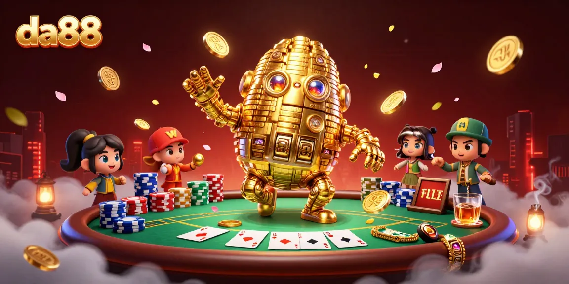 Engage with da88 as the golden golem captivates players at a vibrant poker table
