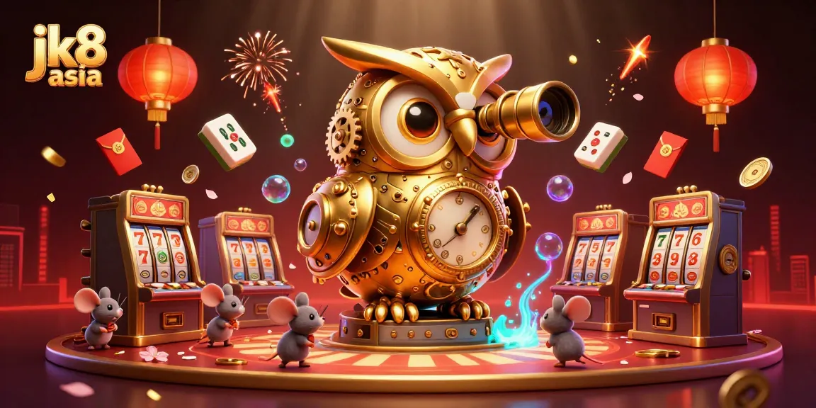 Experience the thrill of jk8 asia with golden slot machines and festive decorations in this vibrant illustration.