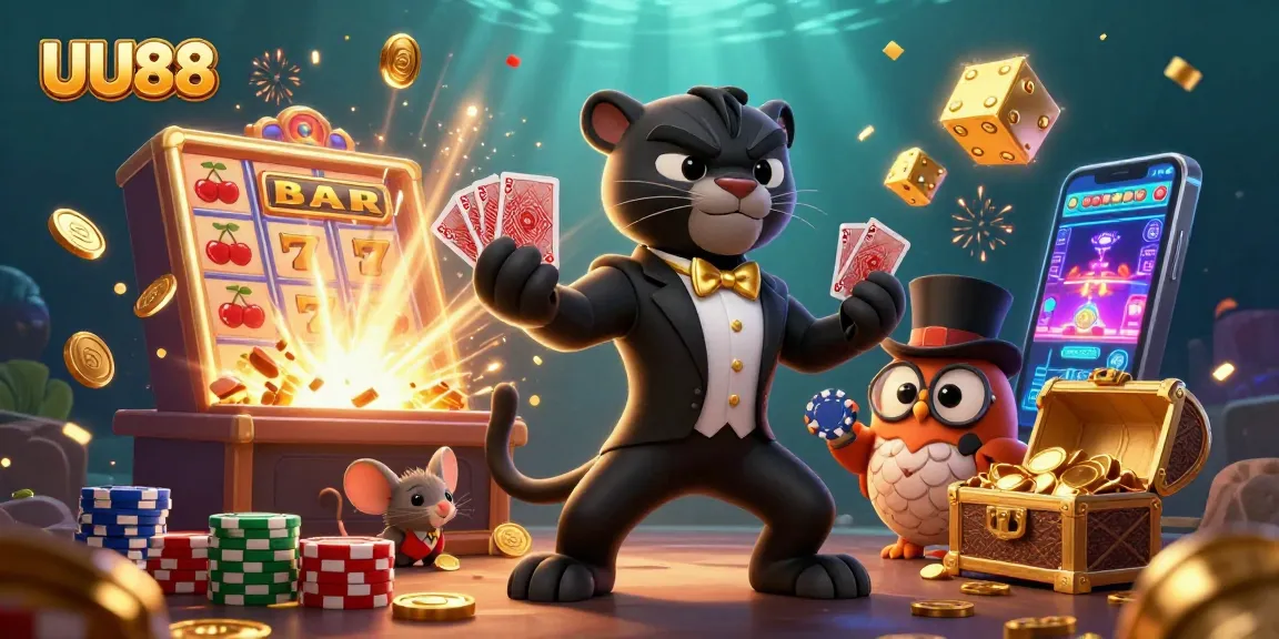 UU88 depicts a lively scene of a panther dealer, an owl, and a mouse amidst casino excitement.