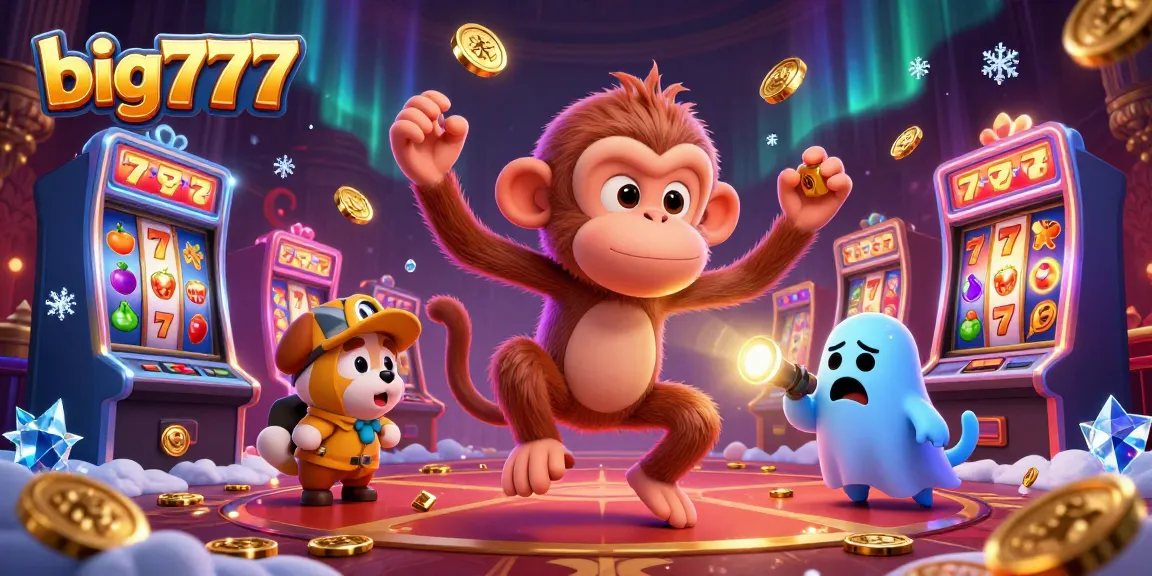 Experience the thrill of big777 slot games with a playful ghost-hunter puppy and mischievous monkey juggling golden coins in a vibrant casino.