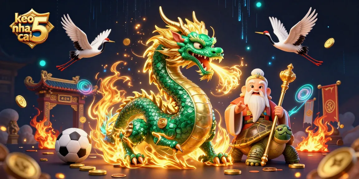 Experience keo nha cai 5 with a majestic dragon and wise sage in a vibrant sports betting scene.