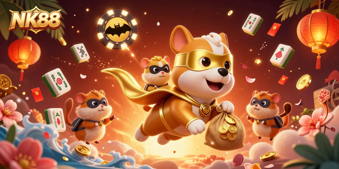 Experience thrilling gameplay at NK88 with a vibrant 3D cartoon scene featuring fun characters and casino elements.