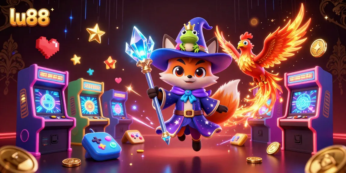 Experience thrilling wins at lu88 with a magical wizard fox and phoenix amidst colorful gaming elements.