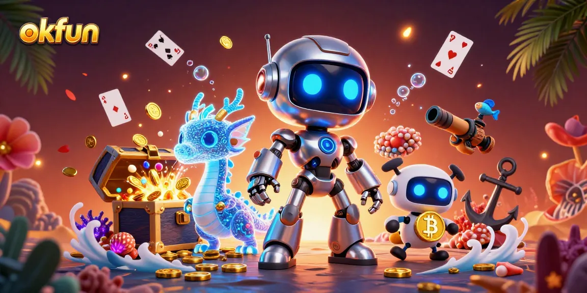 Experience thrilling gameplay with okfun's vibrant casino features in this dynamic 3D digital illustration.