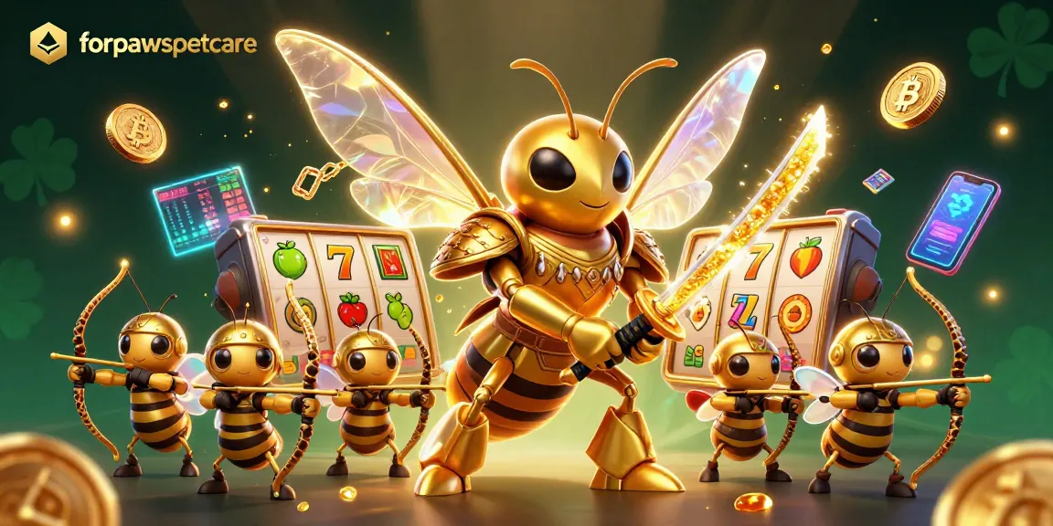 Engage with forpawspetcare while spinning slot reels, surrounded by a samurai hornet and bee archers in a dynamic casino scene.