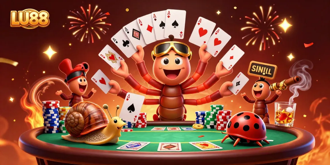 LU88 showcases a lively scene with cartoon dealer spreading cards and a high-roller pushing chips.