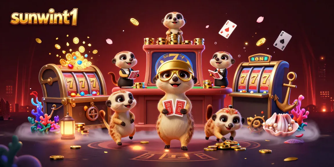 Engage with sunwint1 through a vibrant casino scene featuring meerkats managing games and winning rewards.
