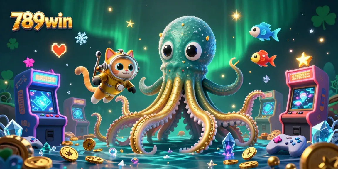 Experience thrilling gameplay with 789win in a cartoonish 3D casino adventure featuring a kraken, diving cat, and deep-sea creatures.