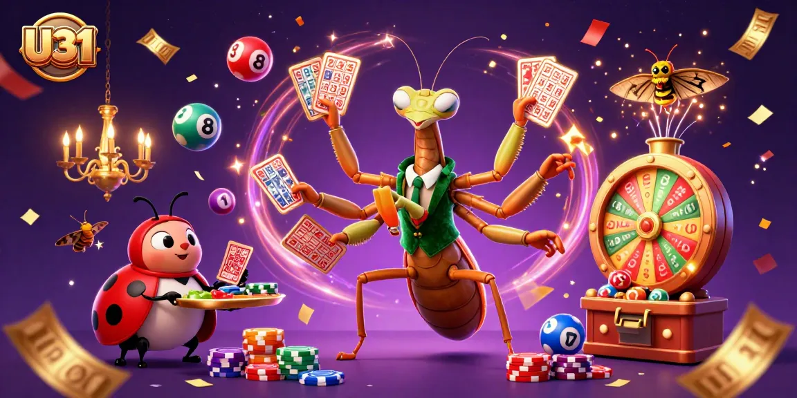 U31 features a giant mantis card sharp dealing cards while confetti rains down in a vibrant casino scene.