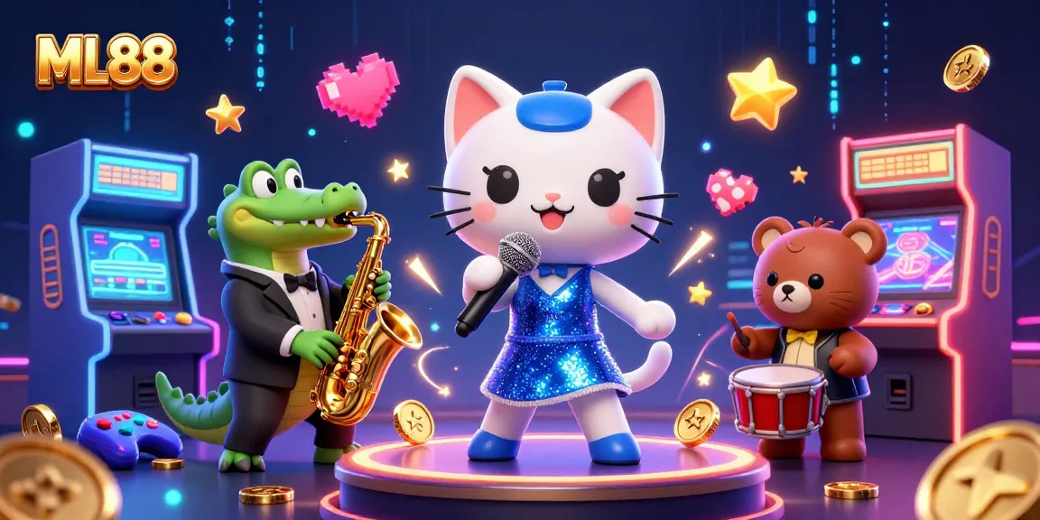 Engage with ML88's vibrant casino scene featuring a singing cat, saxophone croc, and drumming bear.