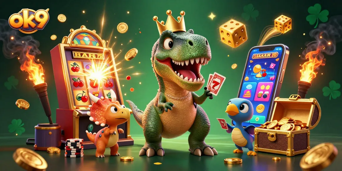 Engage in gaming excitement with ok9's vibrant casino scene featuring a friendly T-Rex and more.