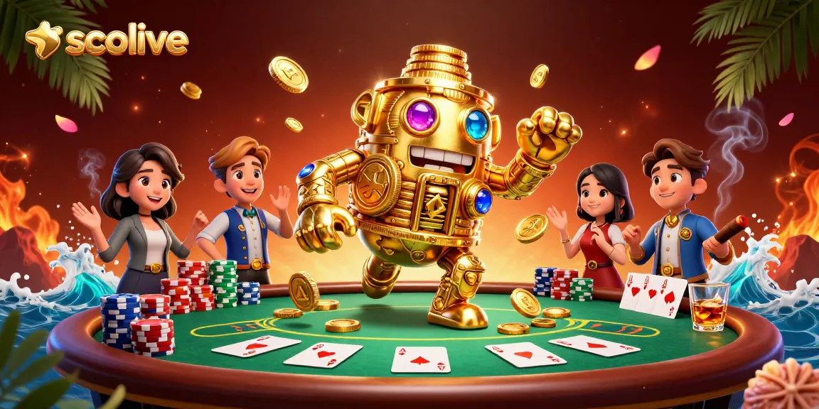Socolive brings thrilling poker action with the golden golem and vibrant gameplay elements in a dynamic casino scene.