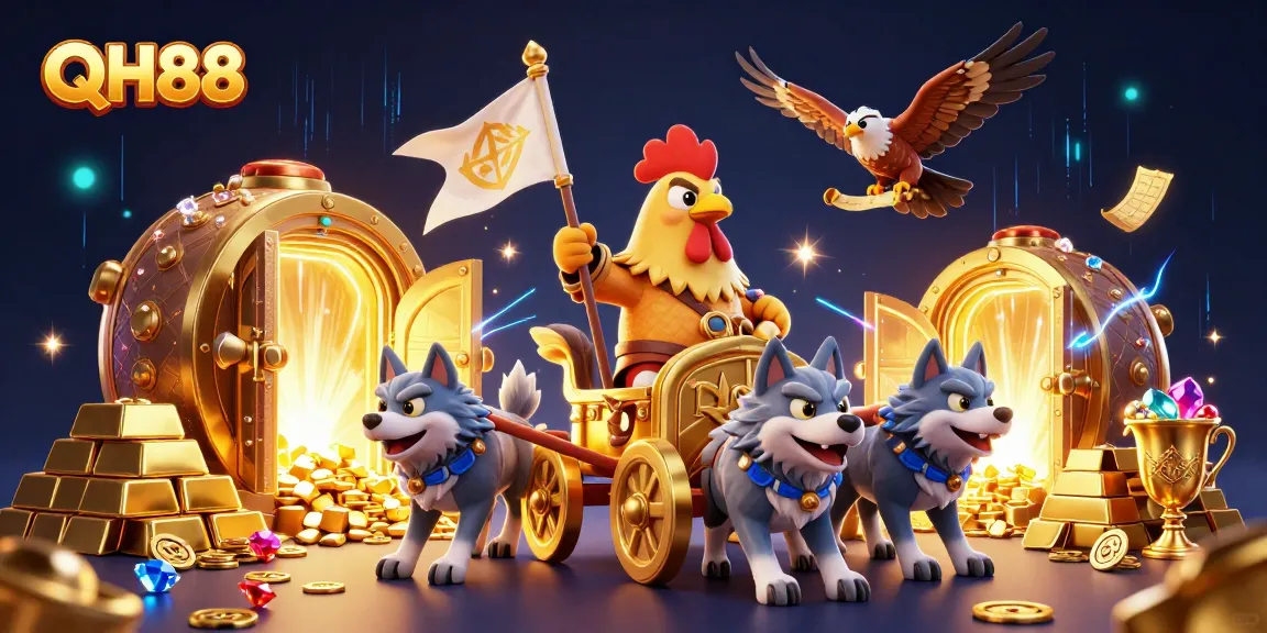 Engage with QH88's thrilling gaming adventure featuring a rooster warlord in a vibrant casino atmosphere.